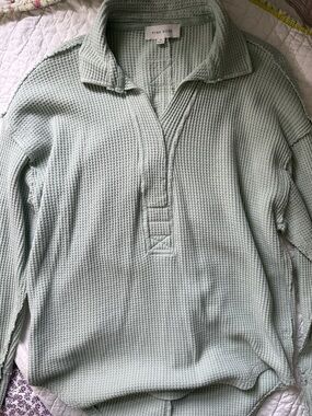 Pink Rose Mint Waffle Polo Pullover